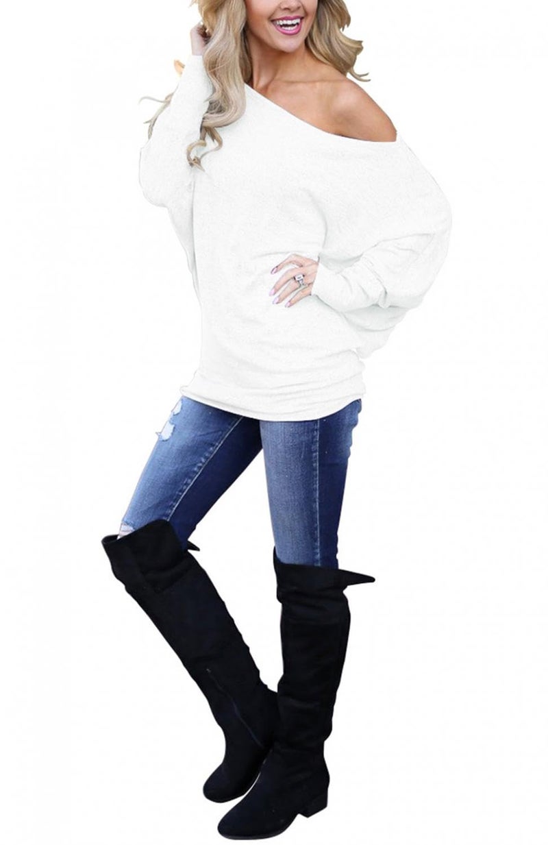 Lacozy Women's Off Shoulder Pullover Sweater Batwing Long Sleeve Tunic Tops Shirts Oversized Sweatshirts White L - Image 3